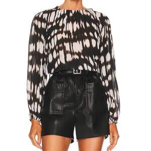 Bella Dahl Shirred Top Womens S Ikat Blurred Print Brown Long Sleeve Blouse NWT